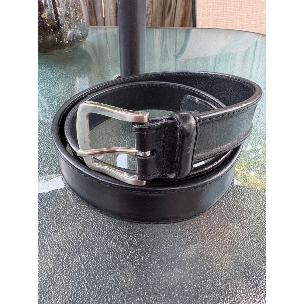 Mens Black Genuine Leather Belt Silver Buckle Size 42 3161-01 Classic Dress Belt
